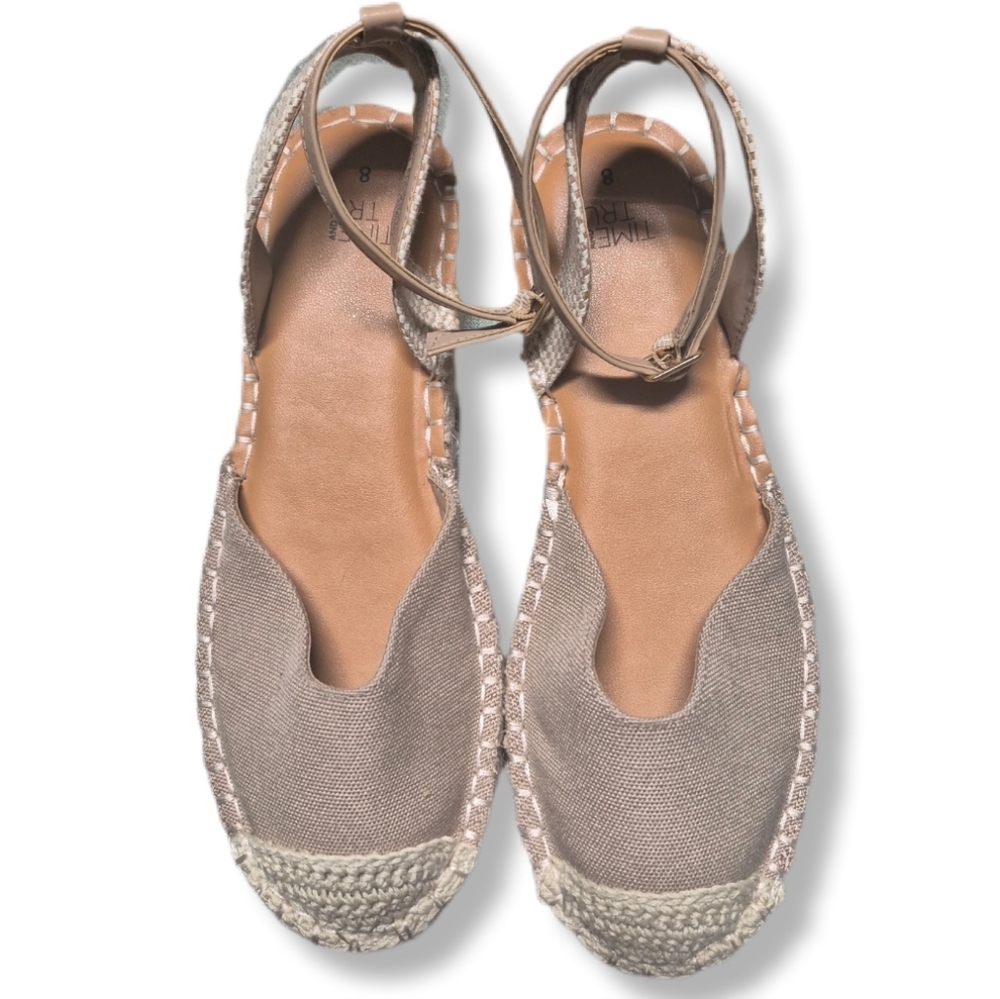 Time and Tru Beige Covered Toe Espadrille Buckled Strap Sandals Sz. 8